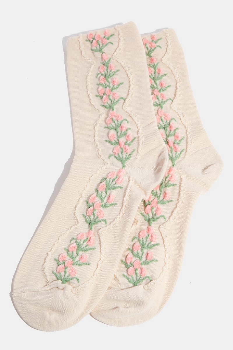 What is the main color of the Beige Floral Tulip Vine Socks?